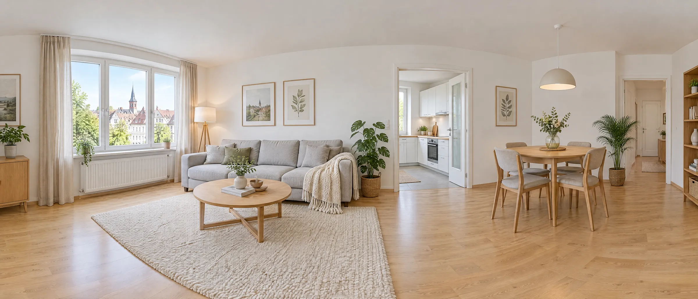 Panorama einer eingerichteten Wohnung: Wohnzimmer mit Sofa am Fenster, Essplatz und Blick in die Küche