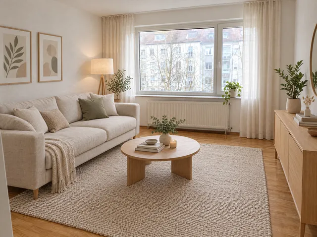 Derselbe Raum virtuell eingerichtet mit Sofa, Teppich und Pflanzen