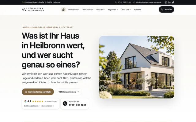 Startseite der Website von Vollweiler und Niederberger, Immobilienmakler in Heilbronn